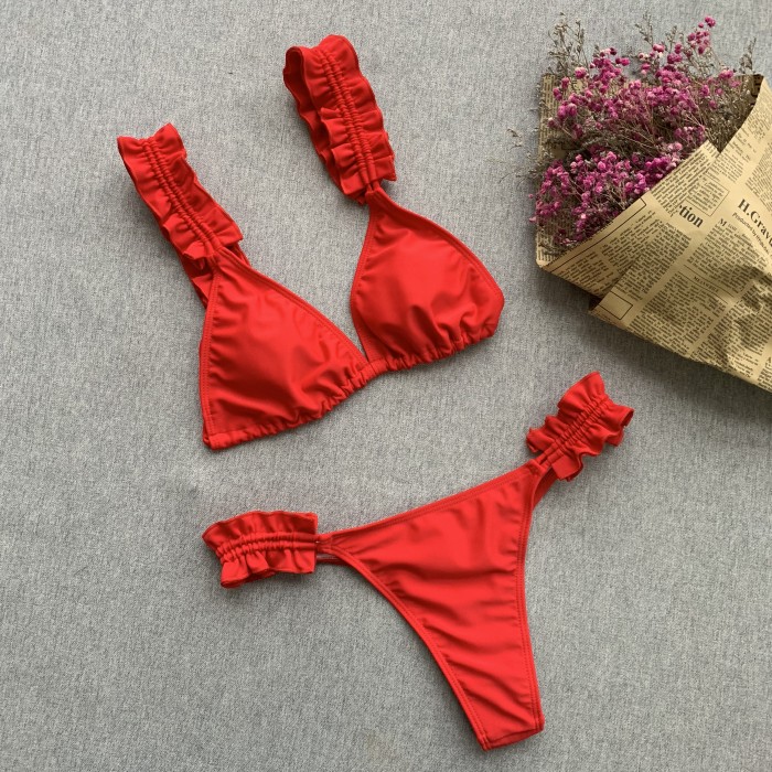 Red Two-Piece Ruffles Swimwear