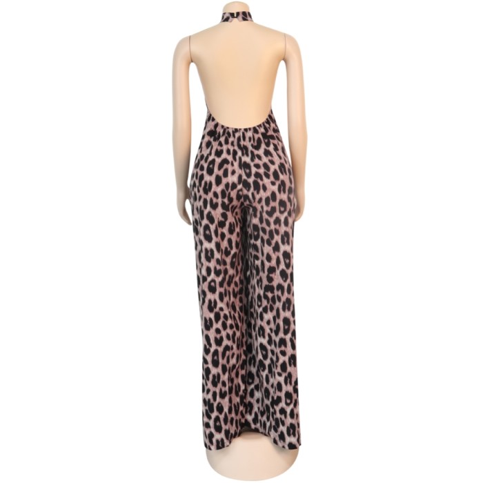 Sexy Backless Leopard Wide Legges Jumpsuit