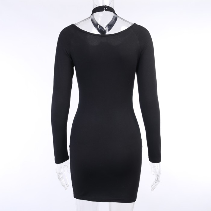 Black Lace Up Long Sleeve Halter Mini Dress
