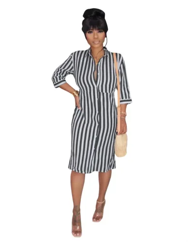 Fall Striped Blouse Dress with 3/4 Sleeves