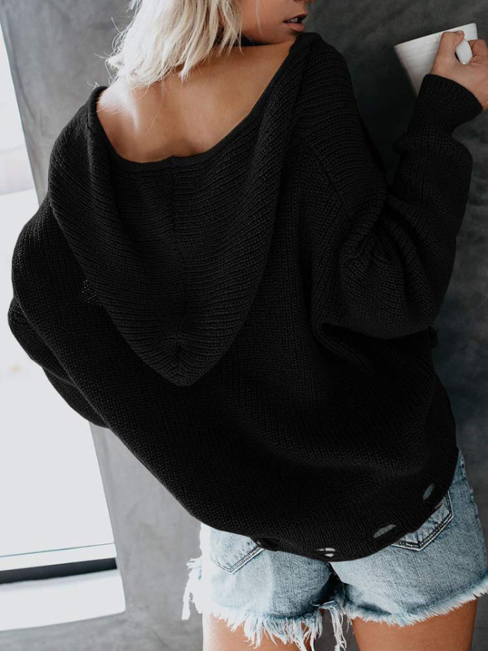Zipper Up V-Neck Loose Sweater
