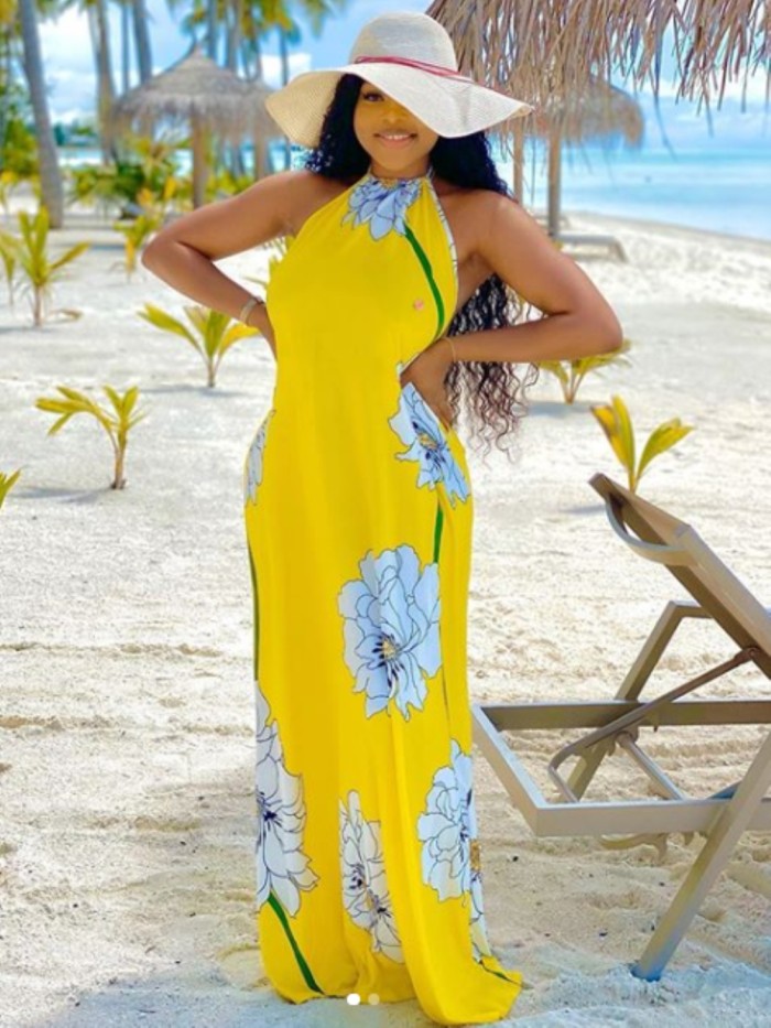 Summer Yellow Floral Halter Long Dress