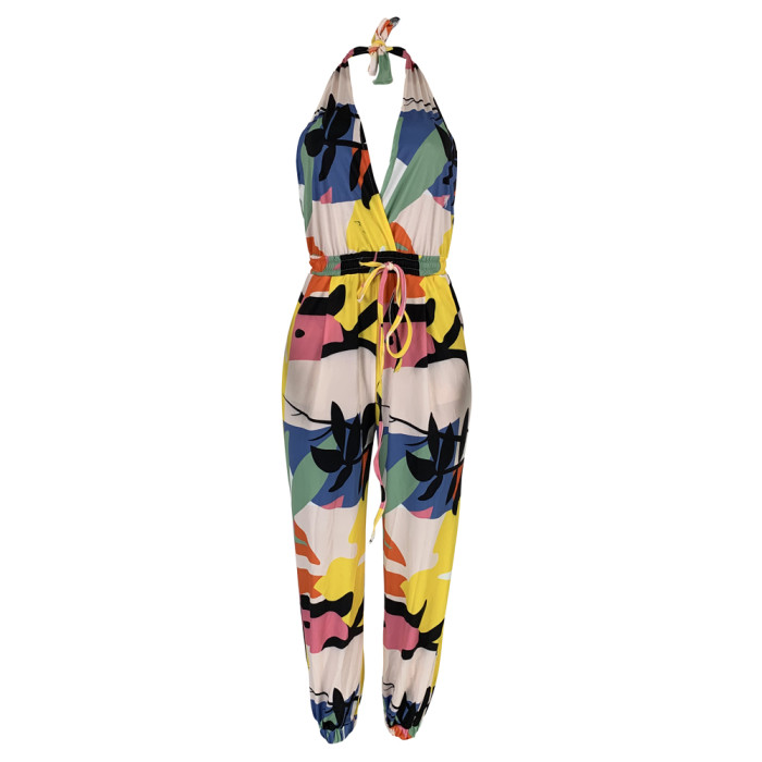 Print Colorful Drawstring Halter Jumpsuit