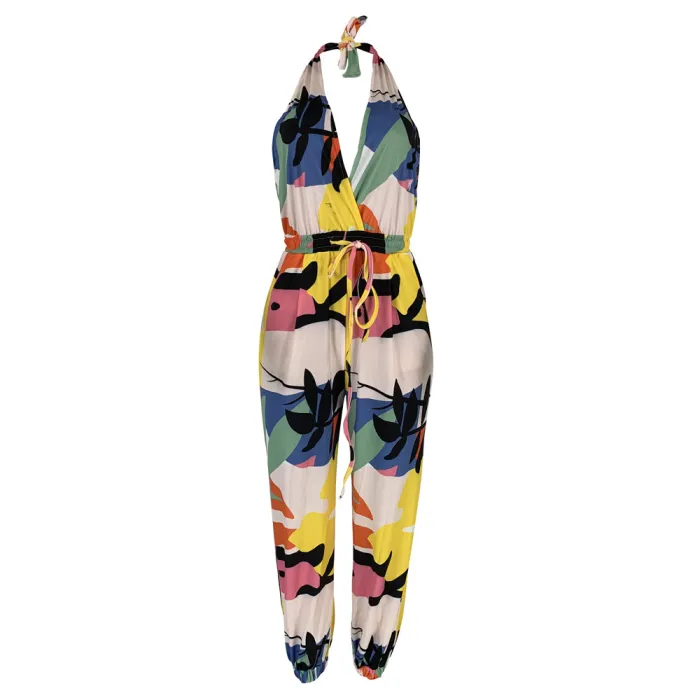 Print Colorful Drawstring Halter Jumpsuit