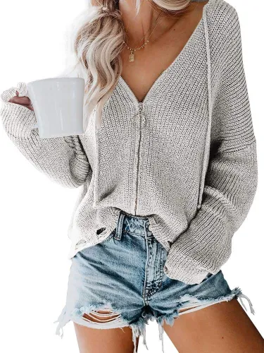 Zipper Up V-Neck Loose Sweater