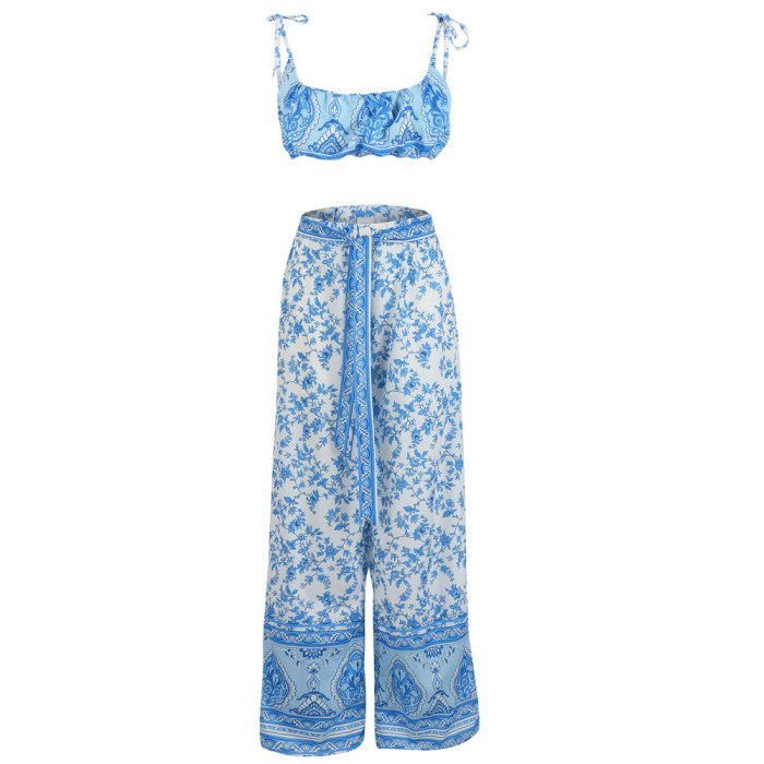 White and Blue Flower Straps Top and Maxi Skirt