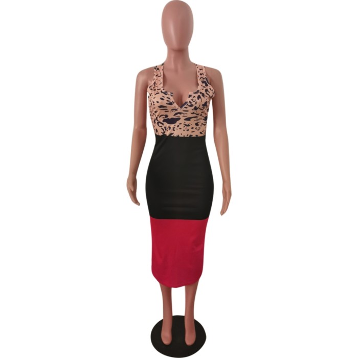 Leopard Print Sleeveless Contrast Midi Dress