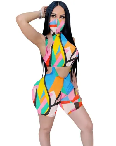 Sexy Two Piece Suspender Biker Short Set with Face Cover