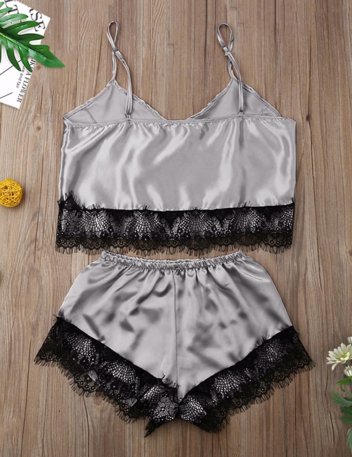 Summer Two Piece Satin Shorts Pajama Set with Lace Trims