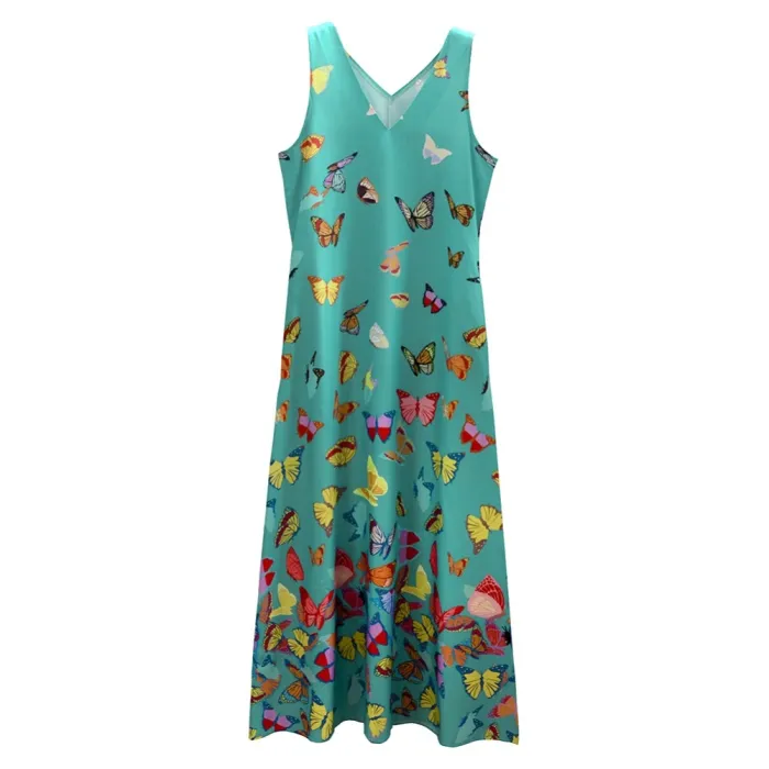 Butterfly Print Sleeveless Long Boho Dress