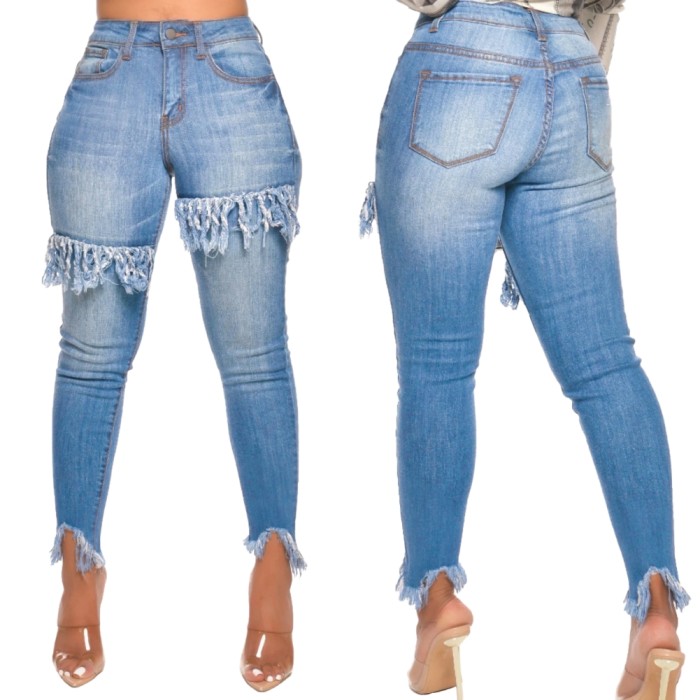 Blue Tassels Tight High Waist Jeans