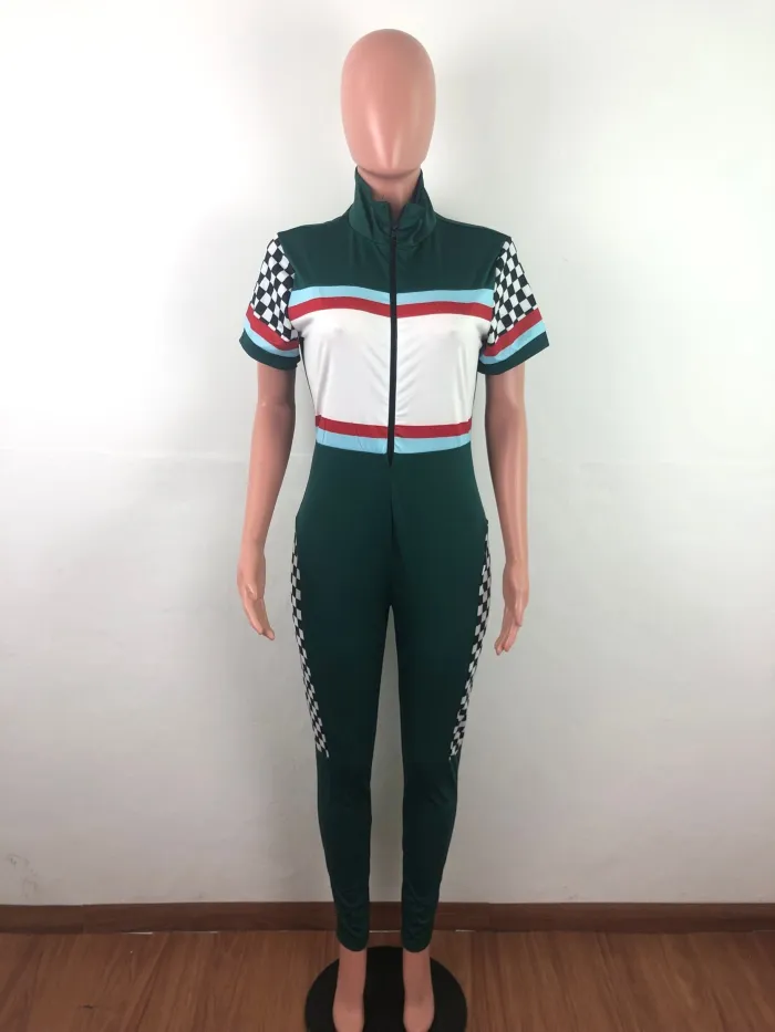 Sports Print Zipped Up Bodycon Jumpsuit