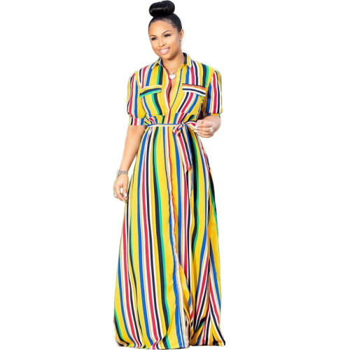 Colorful Stripes Long Dress with Belt