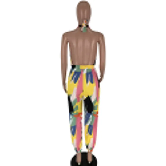 Print Colorful Drawstring Halter Jumpsuit