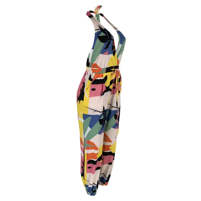 Print Colorful Drawstring Halter Jumpsuit