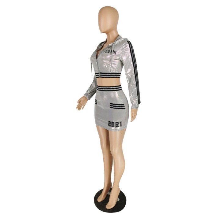 Fall Grey Metallic Short Jacket and Mini Skirt Set