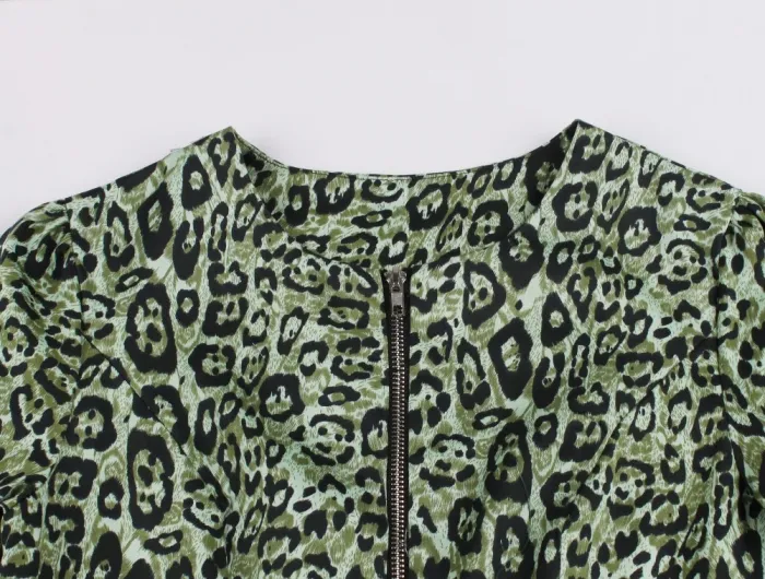 Autumn Leopard Zipper Vintage Skater Dress with Belt