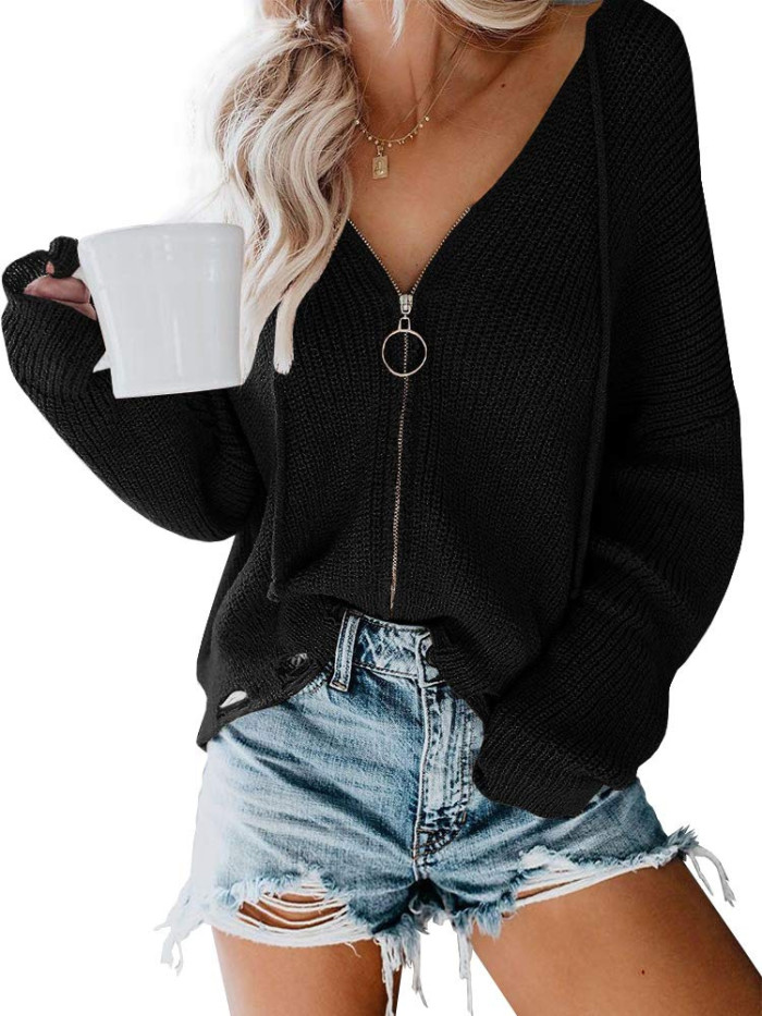 Zipper Up V-Neck Loose Sweater