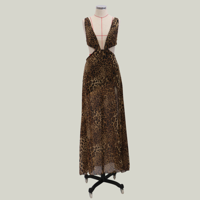 Deep-V Sexy Leopard Long Dress