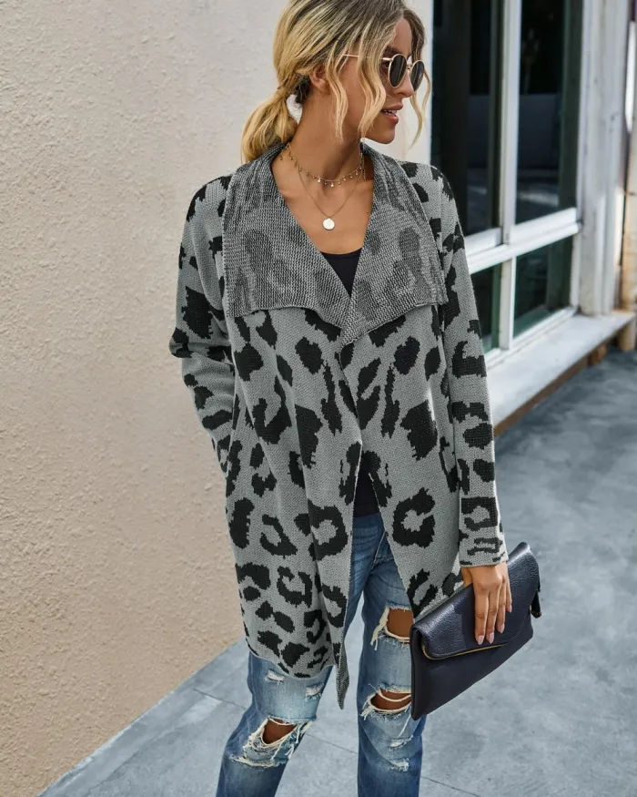 Falls Turndown Collar Irregular Leopard Cardigans