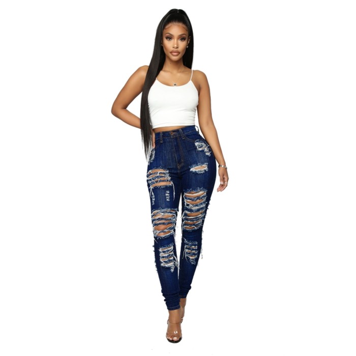 Blue High Waist Tight Ripped Jeans