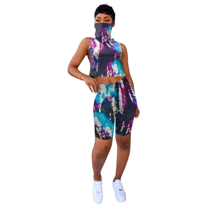 Summer Tie Dye Two Piece Short Set with Face Cover