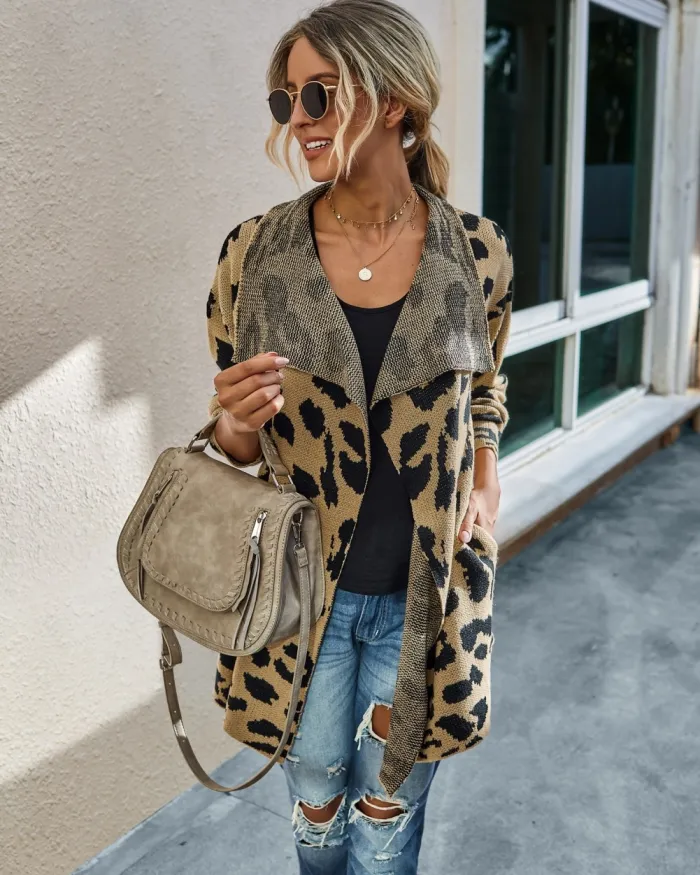 Falls Turndown Collar Irregular Leopard Cardigans