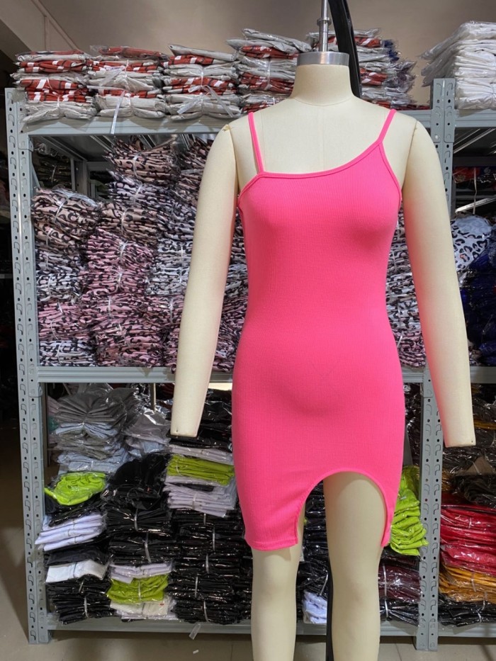 Sexy Plain Knitted Strap Slit Mini Dress