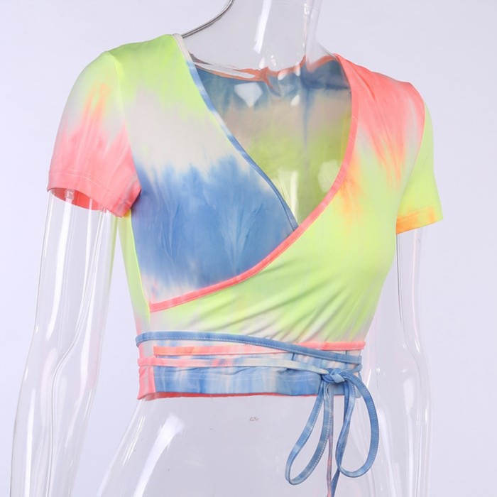 Summer Tie Dye Sexy Wrapped Crop Top