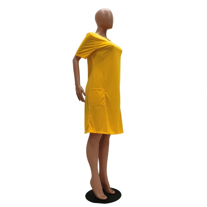 Summer Plain Round Neck Pocket Shirt Dress