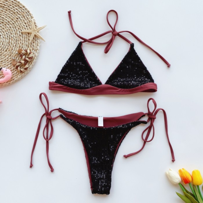 Sexy Two Piece Sequins Strings Swimwear