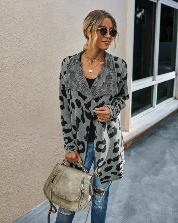 Falls Turndown Collar Irregular Leopard Cardigans