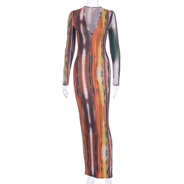 Fall Tie Dye V-Neck MaxiDress with Full Sleeves