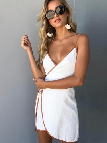 White Straps Wrap Dress with Contrast Trim
