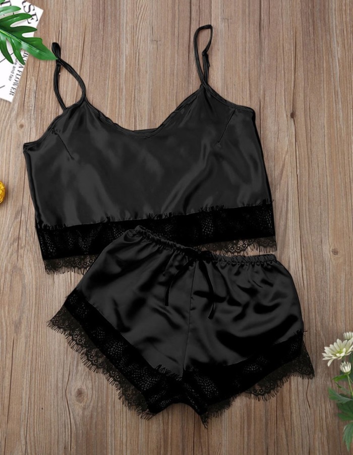 Summer Two Piece Satin Shorts Pajama Set with Lace Trims