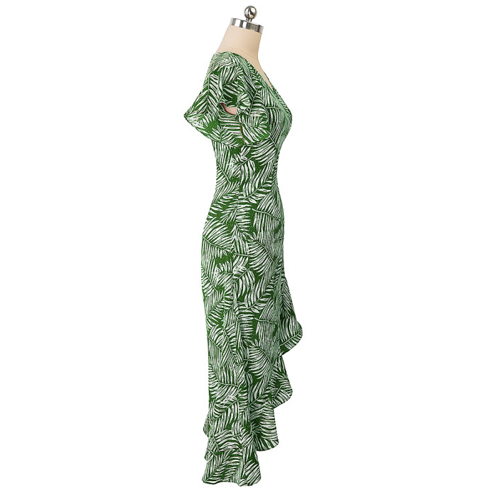 Print Wrapped Long Irregular Ruffle Dress
