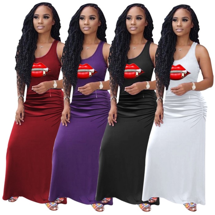 Summer Print Sleeveless Ruched Long Dress