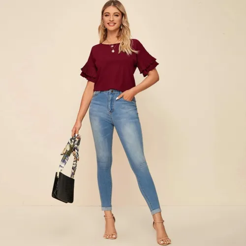 Summer O-Neck Short Shirt with Ruffle Sleeves
