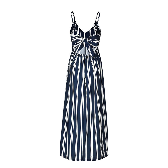 White and Blue Stripes Strap Long Dress