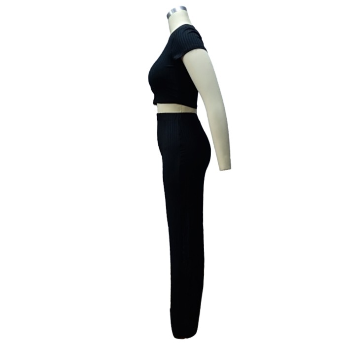 Matching 2PC Plain Knitted Crop Top and Pants Set