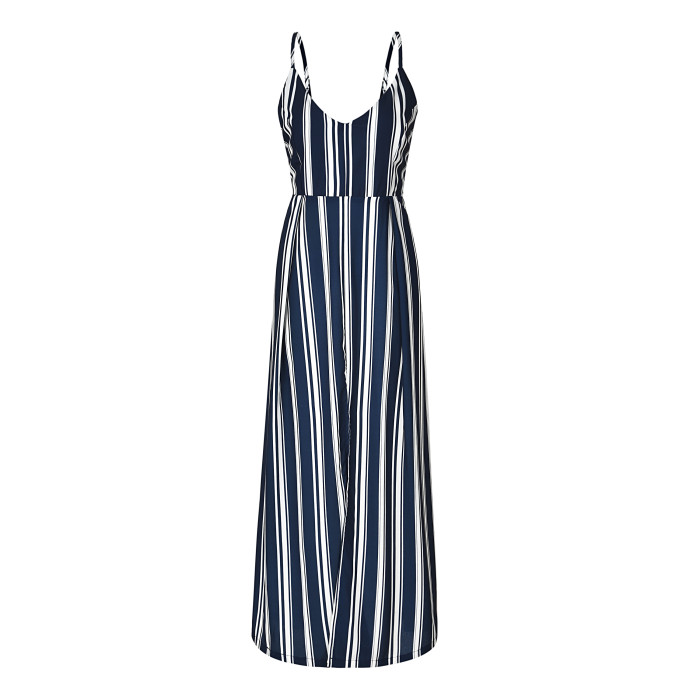 White and Blue Stripes Strap Long Dress