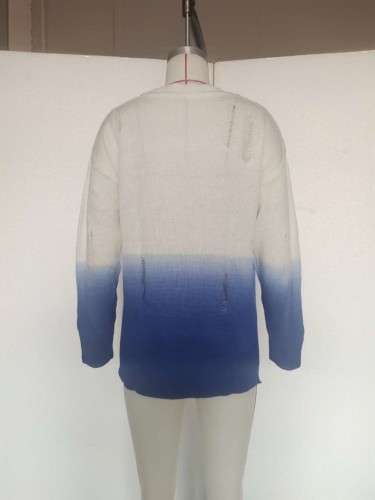 Fall Regular O Neck Gradient Knitted Top