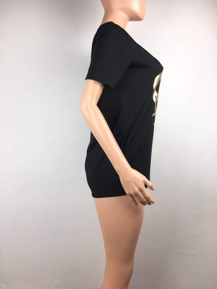 Print Black O-Neck Tight Shirt