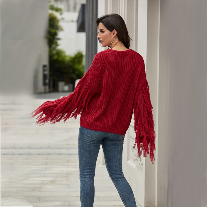 Autumn Plain Regular Sweater with Fringe Sleeves