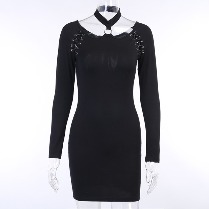 Black Lace Up Long Sleeve Halter Mini Dress