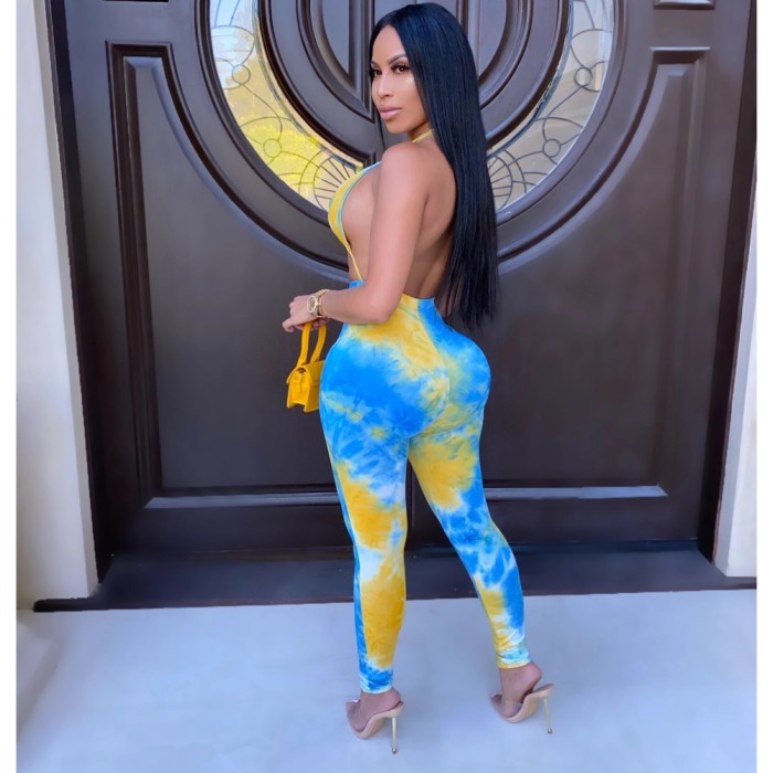 Sexy Tie Dye Halter Bodycon Jumpsuit