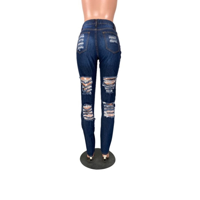 Blue High Waist Tight Ripped Jeans