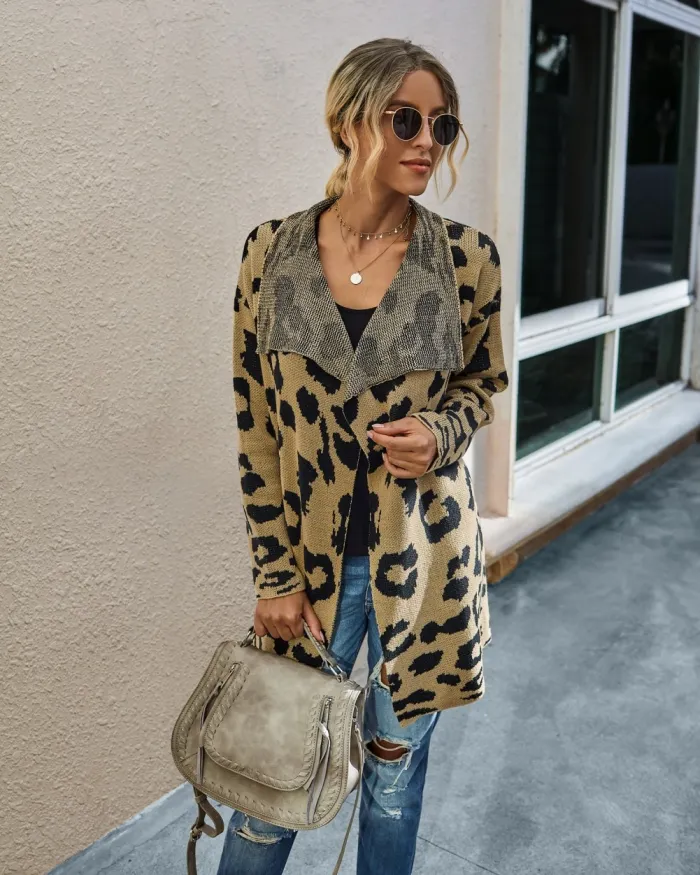 Falls Turndown Collar Irregular Leopard Cardigans