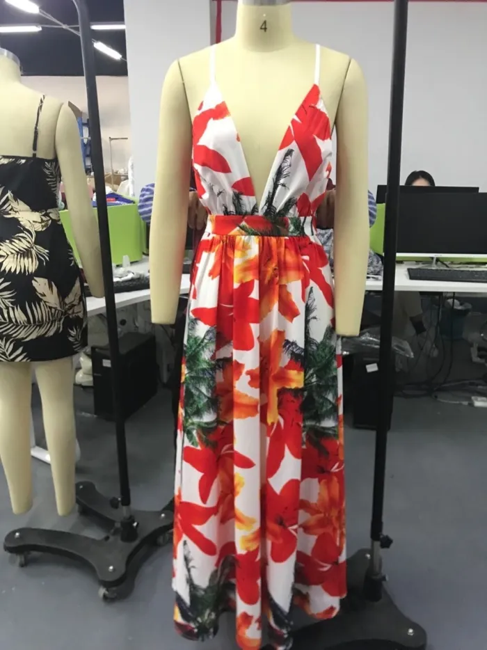 Sexy Floral Deep-V Halter Long Dress