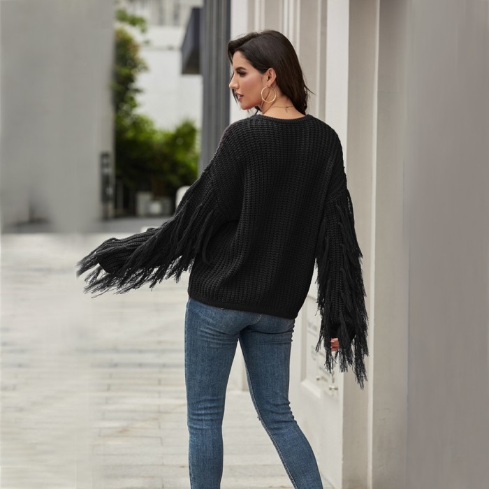 Autumn Plain Regular Sweater with Fringe Sleeves